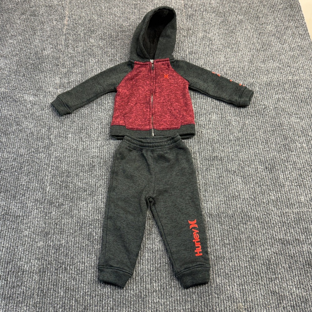 Hurley Kids 2 Piece‎ Tracksuit Set Hoodie and Joggers Charcoal Burgundy 18M